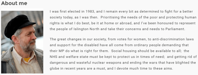Corbyn's 'About Me' page, go to http://jeremycorbyn.org.uk/about/ to read more