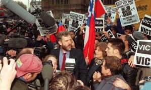 Corbyn speaking to journalists outside the Commons after the historic ruling by the House of Lords against the appeal of former Chilean dictator Augusto Pinochet in 1998.